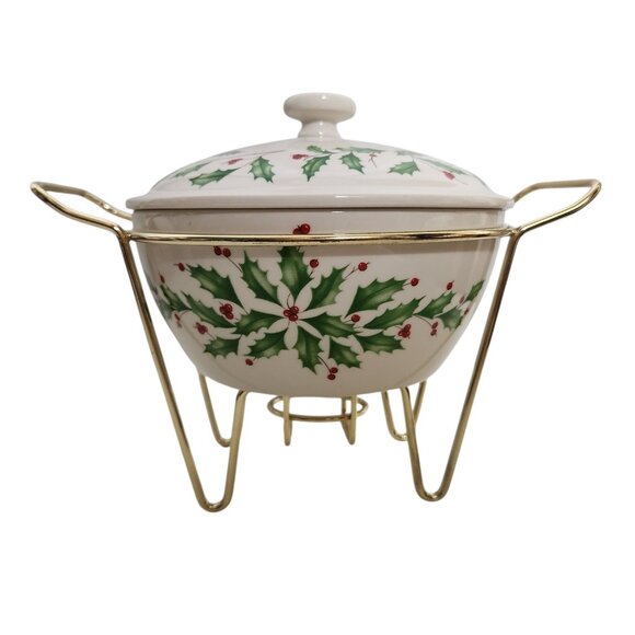Lenox Holiday 1QT Covered Warmer with Gold Rack Holly Berry Serving Dish Bowl - Picture 1 of 9